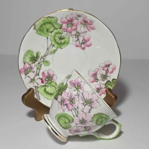 Salisbury Teacup and Saucer Pink Geraniums Vintage